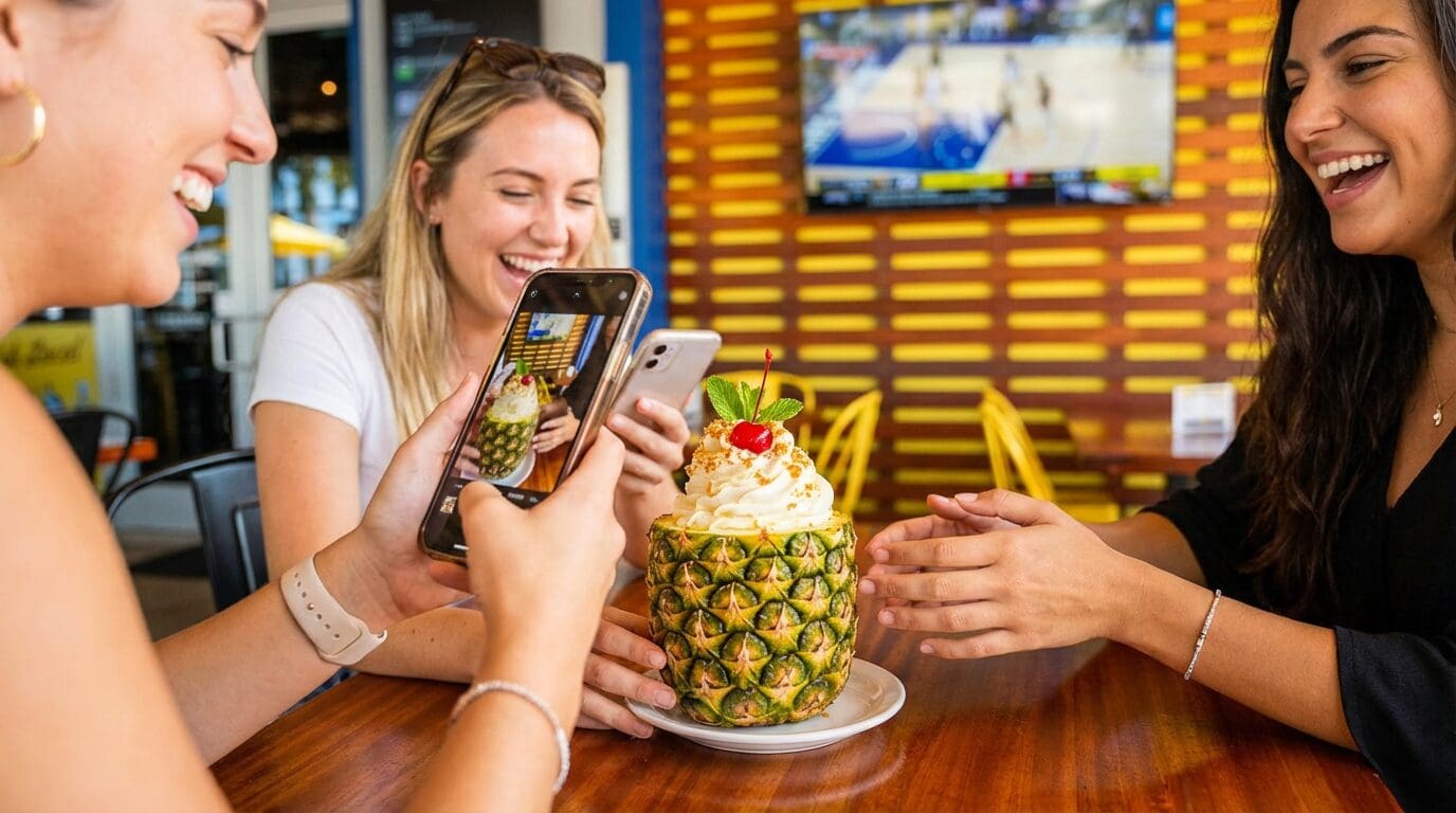 people having fun and taking picture image of the drink with a cherry on top, to share on social media