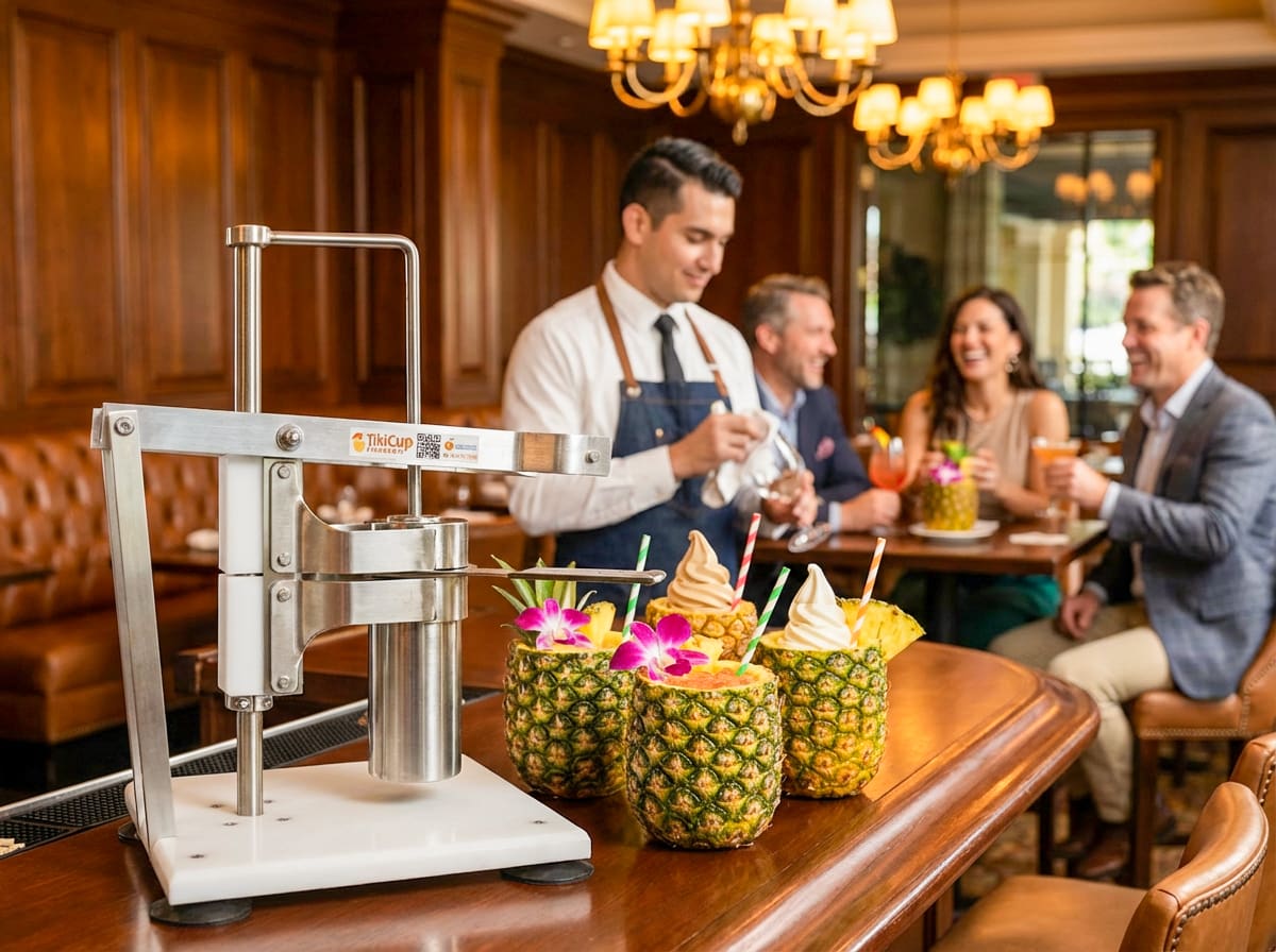 Turning fresh pineapples into real pineapple skin cups using the Pineapple TikiCup.