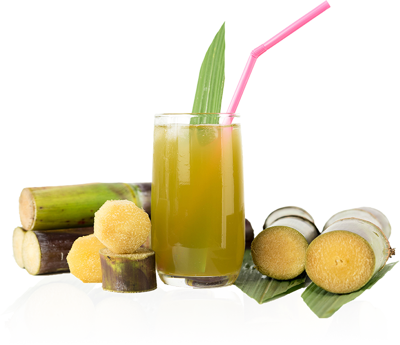 sugarcane drink and sugarcane stalks sitting next to each other, looks very tasty