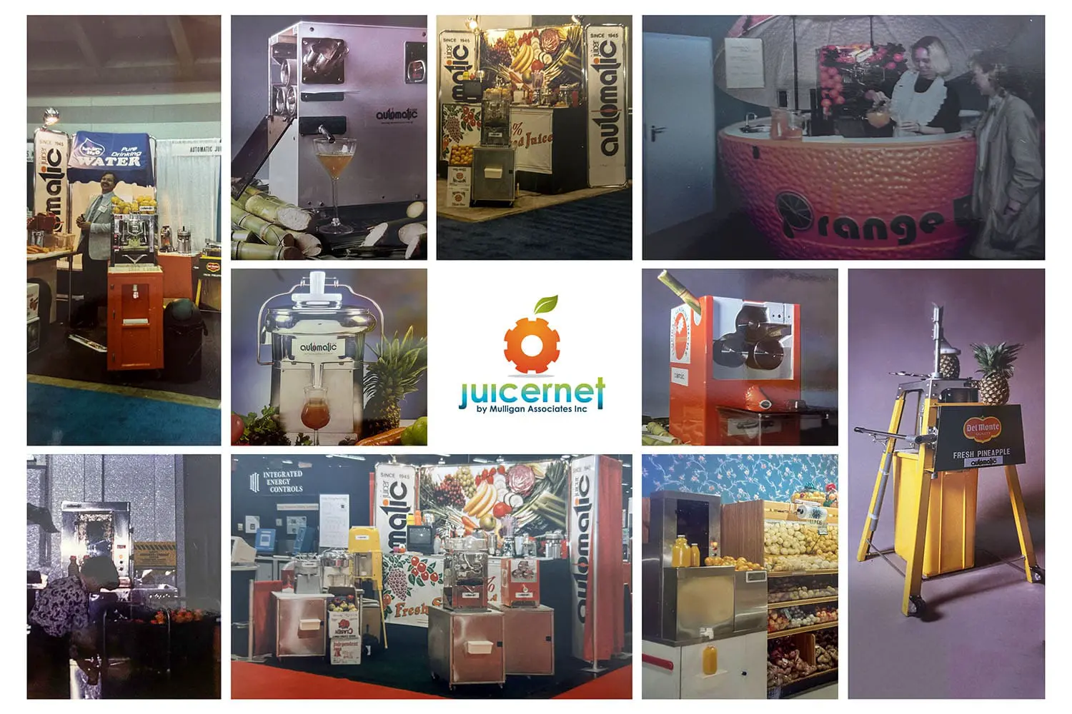Collage of different images throughout Juicernet's 40 year history. Some are machines, some are tradeshows and grocery store workers running the commercial juice machines.
