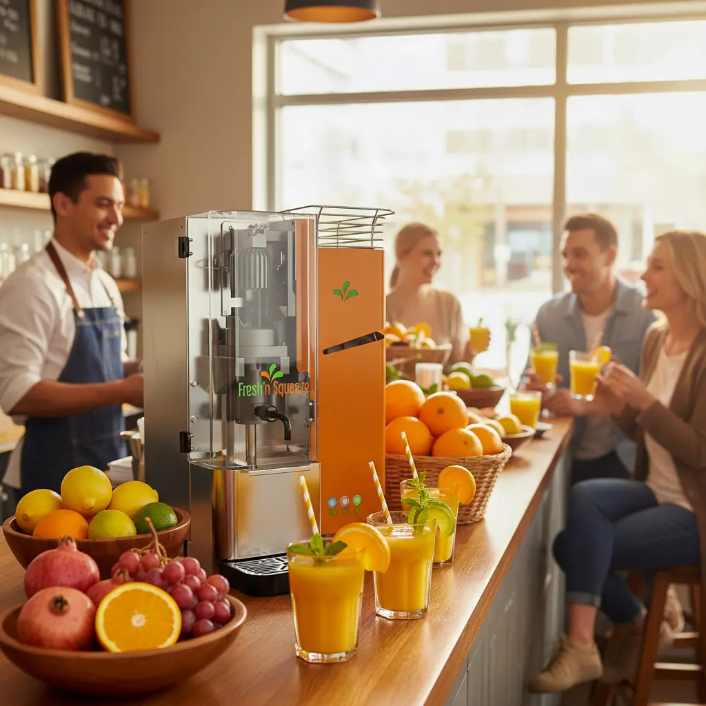 Fresh'n-Squeeze-at-a-juice-bar-making-orange-juice-for-customers